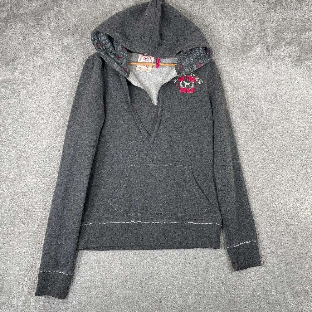Pink Victoria's Secret Hoodie‎ Womens Large Gray V-Neck Pullover Y2K 2000s